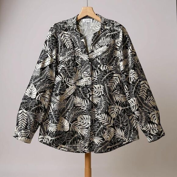 Calvin Klein Linen Tunic Shirt M Floral Black White Button Up Vacation Coastal - Picture 1 of 9
